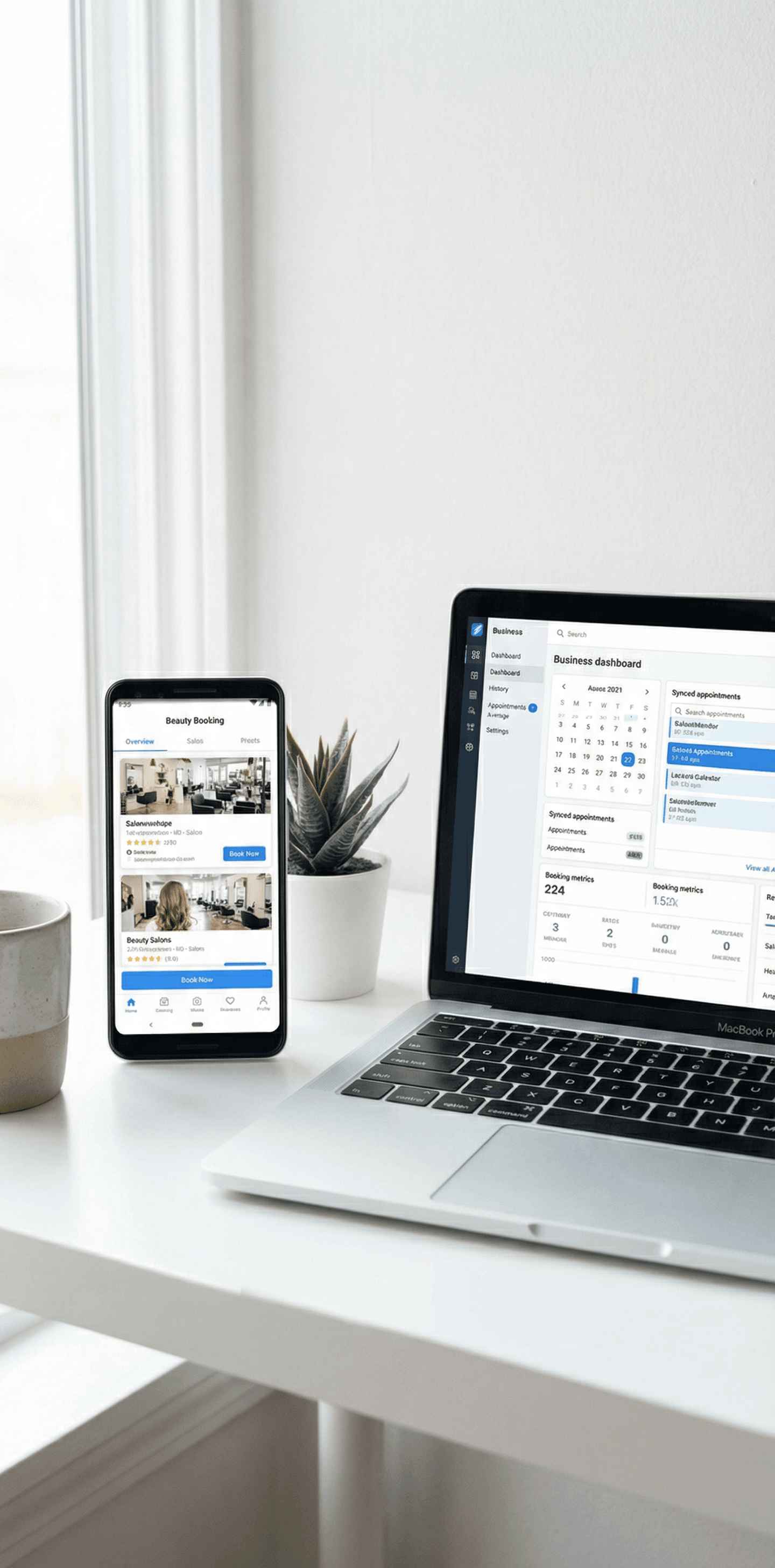 Phone showing a marketplace listing synced with a business dashboard.