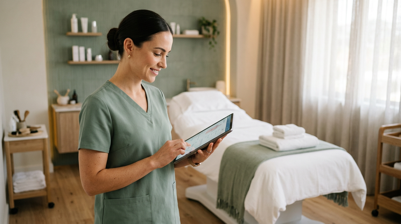 Clinic practitioner with tablet in a calm treatment room