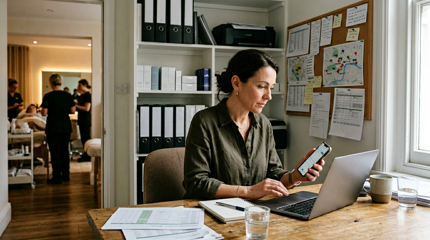 Owner at desk with laptop and phone, multi-site operations