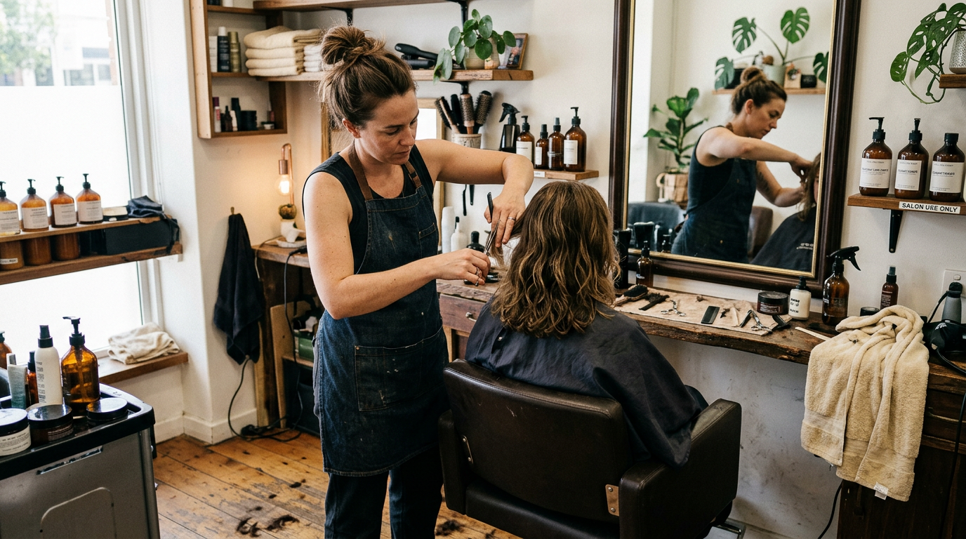 Solo beauty professional in a bright modern salon studio