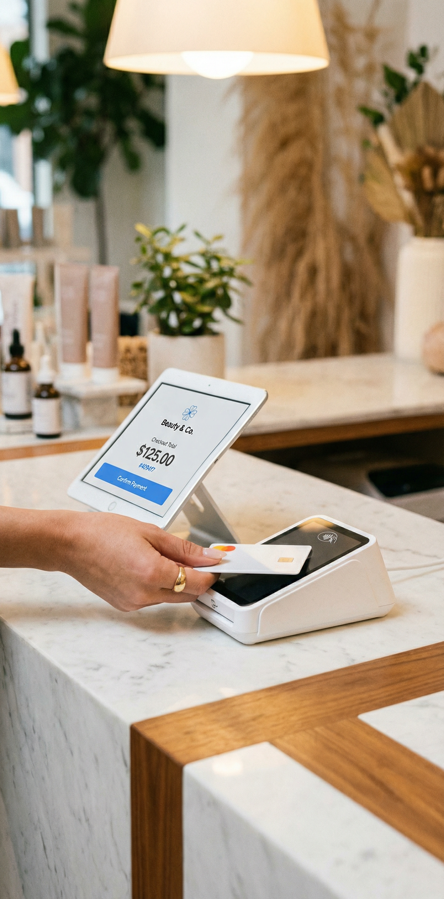 Contactless card payment at salon checkout counter