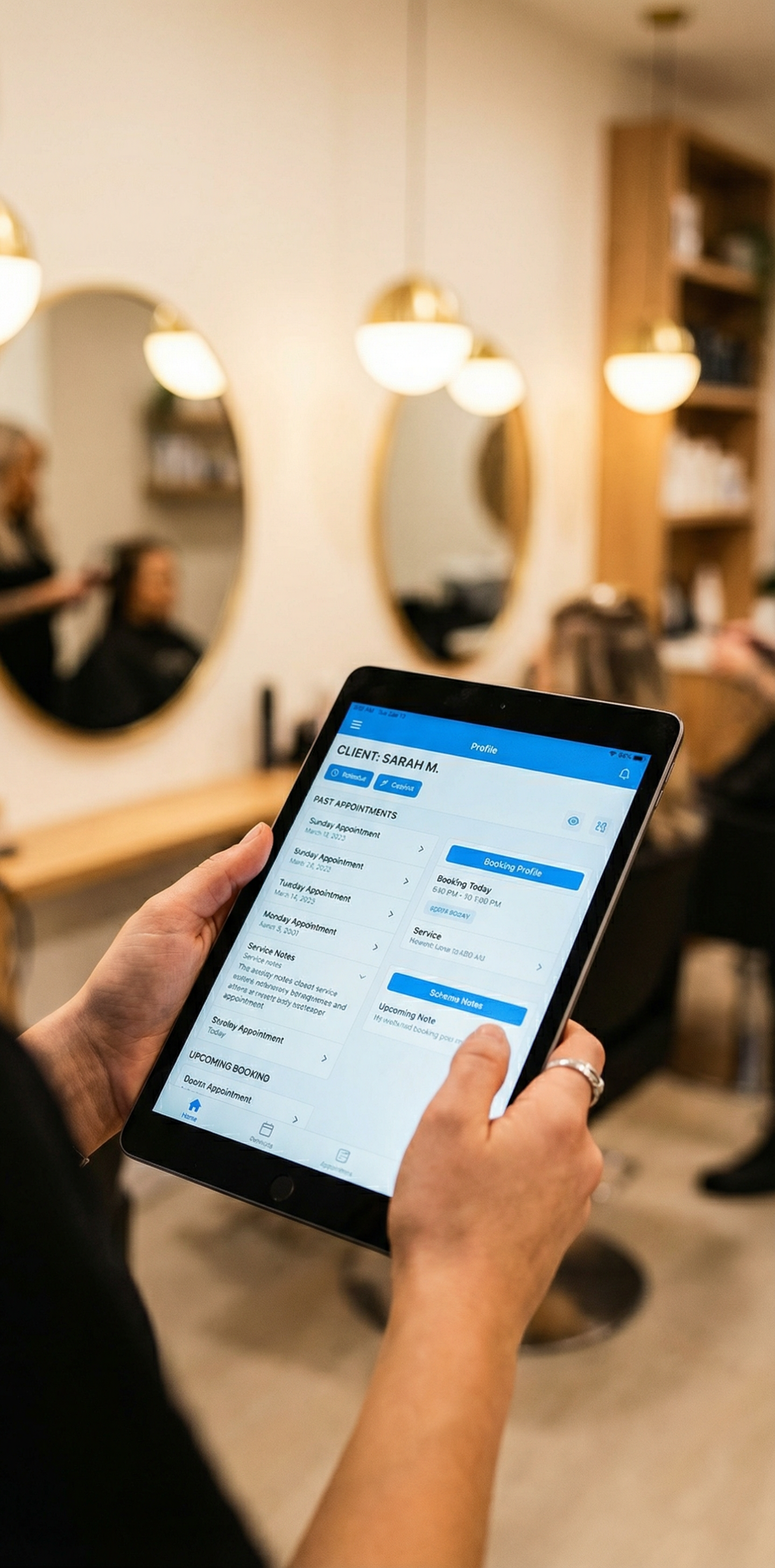 Stylist reviewing client profile and appointment history on tablet