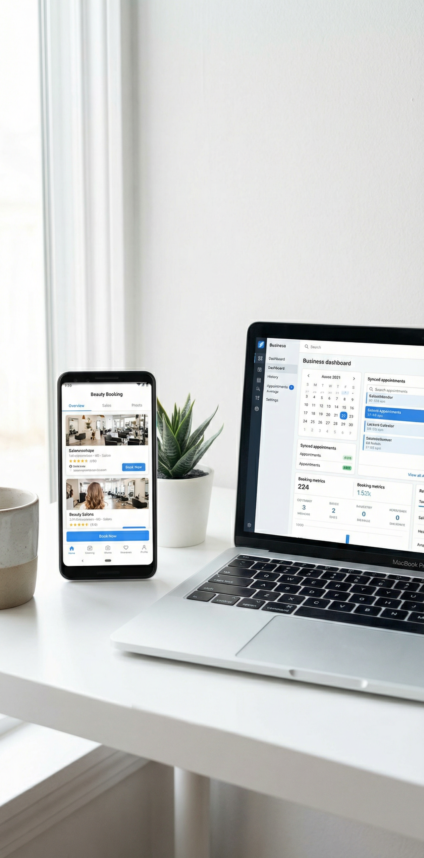 Phone showing marketplace listing synced with laptop business dashboard