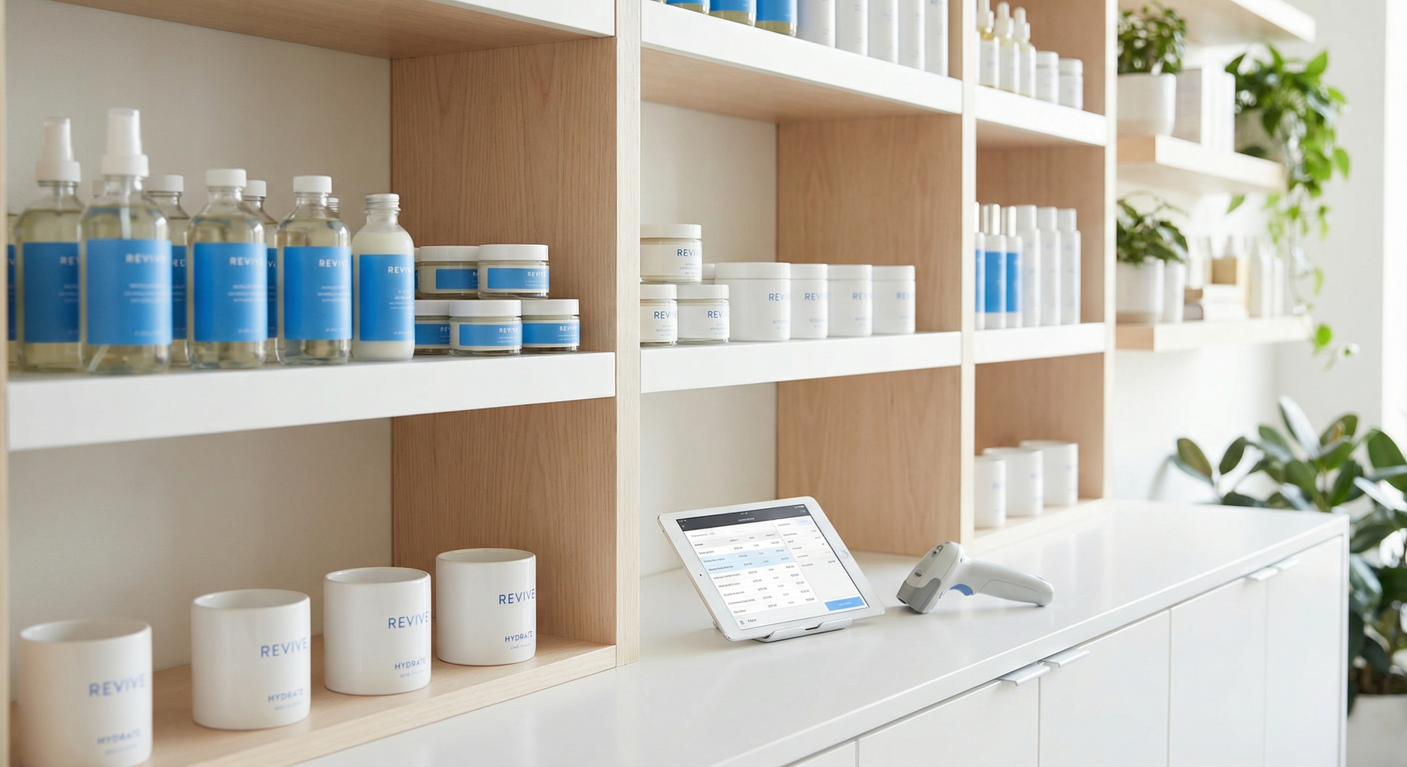 Organised salon product shelves with inventory scanner